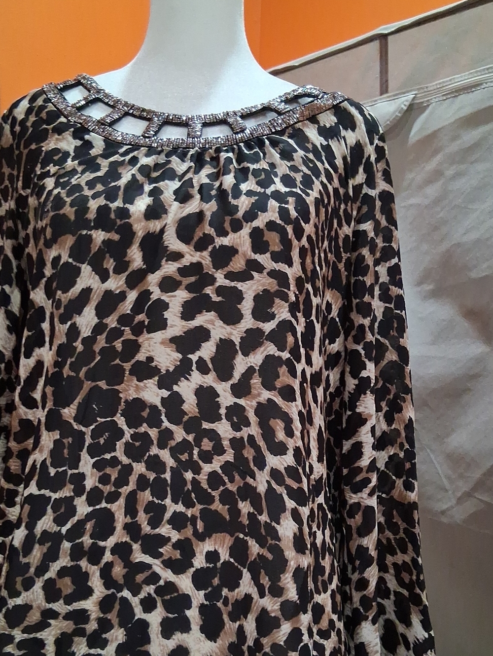 HeartSoul Leopard-Print Tunic with Embellished Neckline - Black & Tan
